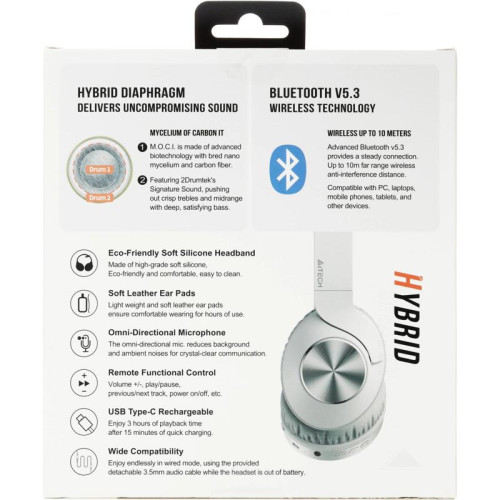 Наушники мониторные A4Tech 2Drumtek BH300 1м белый/серый беспроводные bluetooth оголовье (BH300 GRAYISH WHITE)