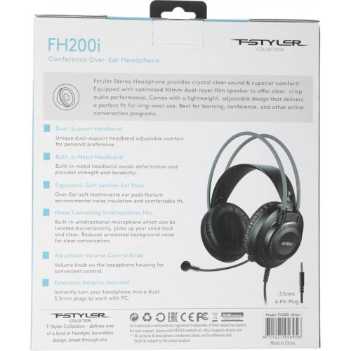 Наушники с микрофоном A4Tech Fstyler FH200i серый 1.8м накладные оголовье (FH200I GREY)