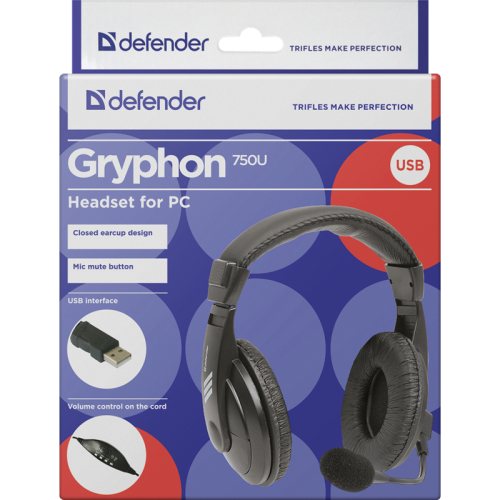 Defender Компьютерная гарнитура Gryphon 750U USB, черный, 1.8м кабель