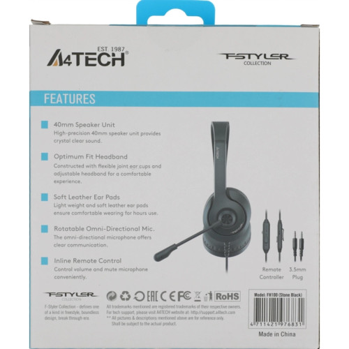 Наушники с микрофоном A4Tech Fstyler FH100 черный 2м накладные оголовье (FH100 (STONE BLACK)) Наушники с микрофоном A4Tech Fstyler FH100 черный 2м накладные оголовье (FH100 (STONE BLACK))