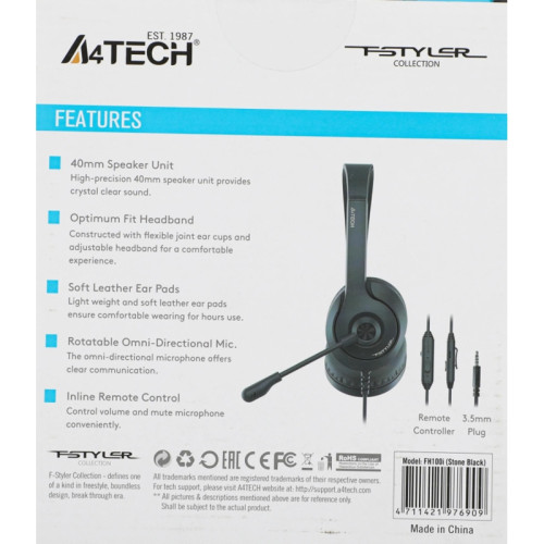 Наушники с микрофоном A4Tech Fstyler FH100i черный 1.8м накладные оголовье (FH100I (STONE BLACK))
