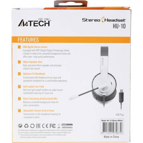 Наушники с микрофоном A4Tech HU-10 черный/белый 2м накладные USB оголовье (HU-10/USB/BLACK+WHITE)