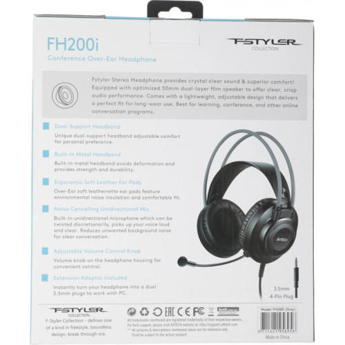Наушники с микрофоном A4Tech Fstyler FH200i серый 1.8м накладные оголовье (FH200I GREY)
