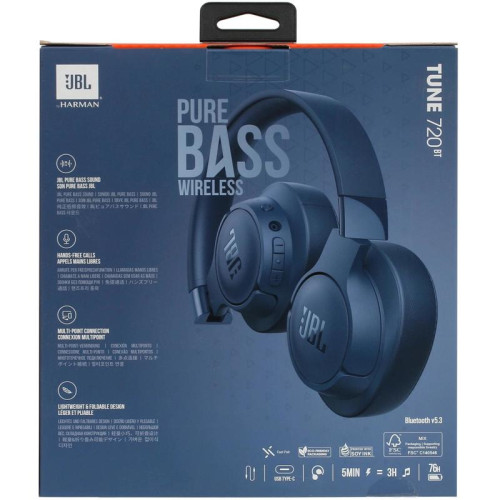 Гарнитура мониторные JBL Tune 720 BT 1.2м синий беспроводные bluetooth оголовье (JBLT720BTBLU)