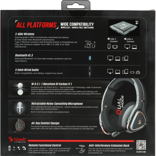 Наушники с микрофоном A4Tech Bloody MR720 черный мониторные BT/Radio оголовье (MR720 BLACK)