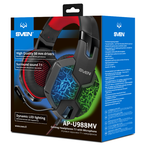 Игровые наушники с микрофоном SVEN AP-U988MV, черный-красный (USB, LED, 7.1) Игровые наушники с микрофоном SVEN AP-U988MV, черный-красный (USB, LED, 7.1)