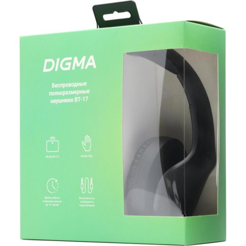 Гарнитура накладные Digma BT-17 черный беспроводные bluetooth оголовье (BT17B)