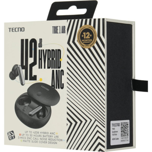 Гарнитура Tecno True 1 Air TU01 черный беспроводные bluetooth в ушной раковине (TU01 AIR ELEGANT BLACK)