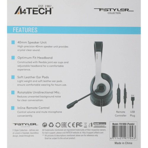 Наушники с микрофоном A4Tech Fstyler FH100U белый/черный 2м накладные USB оголовье (FH100U (PANDA))
