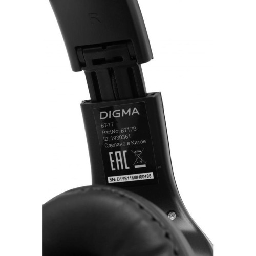 Гарнитура накладные Digma BT-17 черный беспроводные bluetooth оголовье (BT17B)