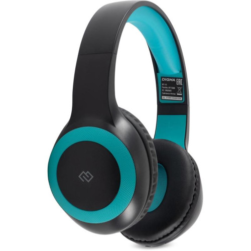 Гарнитура накладные Digma BT-15 черный/голубой беспроводные bluetooth оголовье (BT-15BLB)