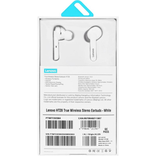 Гарнитура внутриканальные Lenovo HT28 белый беспроводные bluetooth в ушной раковине (УТ000023560)
