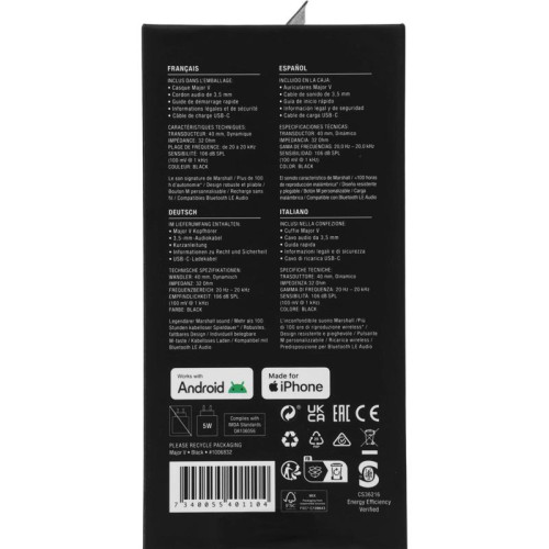 Гарнитура накладные Marshall Major V черный беспроводные bluetooth оголовье (MAJOR V BLACK)