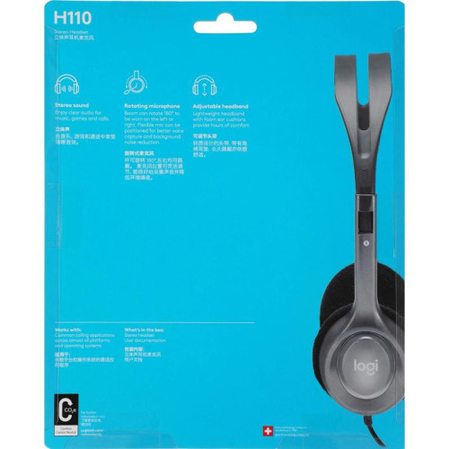 Наушники с микрофоном Logitech H110 темно-серый 1.8м накладные оголовье (981-000472)