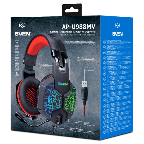 Игровые наушники с микрофоном SVEN AP-U988MV, черный-красный (USB, LED, 7.1) Игровые наушники с микрофоном SVEN AP-U988MV, черный-красный (USB, LED, 7.1)