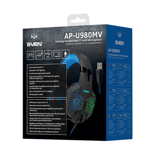 Игровые стереонаушники с микрофоном SVEN AP-U980MV, черный-синий (USB, LED, 7.1) Игровые стереонаушники с микрофоном SVEN AP-U980MV, черный-синий (USB, LED, 7.1)