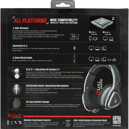 Наушники с микрофоном A4Tech Bloody MR720 черный мониторные BT/Radio оголовье (MR720 BLACK)