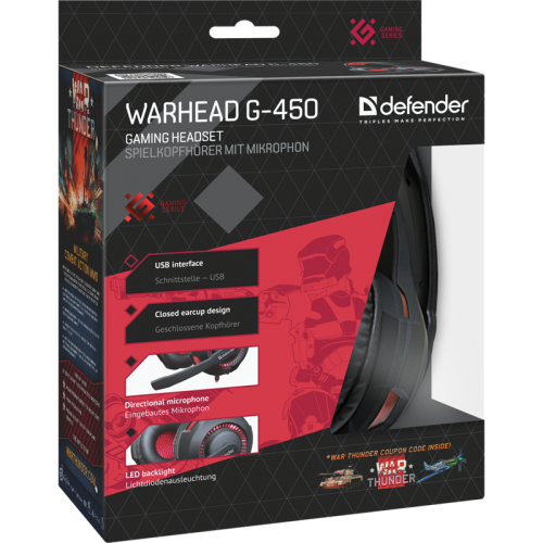 Defender Игровая гарнитура Warhead G-450 USB, подсветка, кабель 2,3 м Defender Игровая гарнитура Warhead G-450 USB, подсветка, кабель 2,3 м