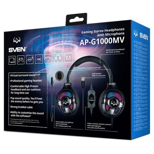 Игровые наушники с микрофоном SVEN AP-U1100MV, черный (USB, RGB, 7.1)