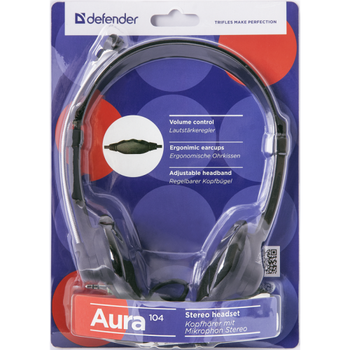 Defender Компьютерная гарнитура Aura 104 черный, кабель 1,8 м Defender Компьютерная гарнитура Aura 104 черный, кабель 1,8 м