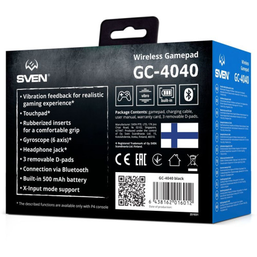 Беспроводной геймпад SVEN GC-4040 чёрный (11 кл. 2 стика, D-pad, PS4/PC, Touchpad, 3.5mm jack)