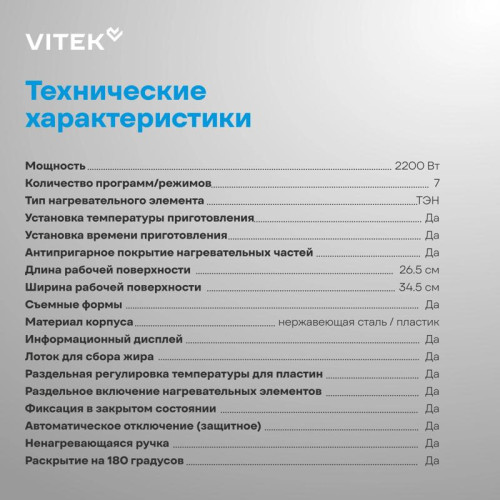 Электрогриль Vitek VT-PG5515 2200Вт черный
