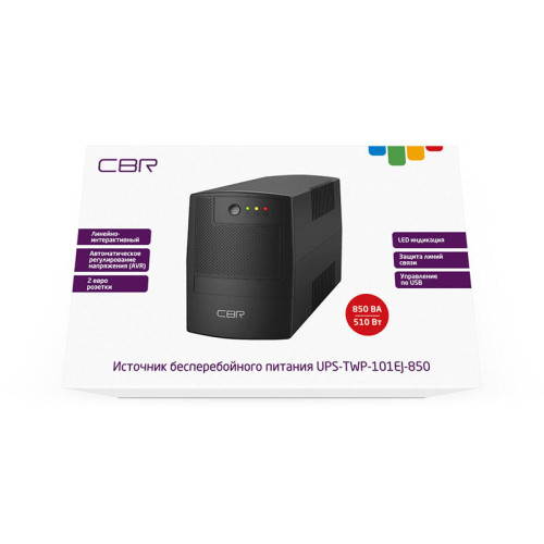 Башенный линейно-интерактивный ИБП/ ИБП CBR [UPS-TWP-101EJ-850] 850VA/510W, Schuko CEE 7 x2 outlets, LED, USB Type-B, RJ11/45 AVR, SEC, 12V/8Ah