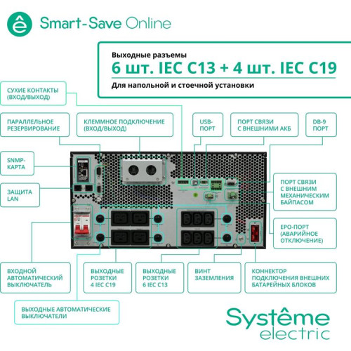 Источник бесперебойного питания Systeme Electriс SRT SRTSE6KRTXLIEC-NC 6000Вт 6000ВА черный