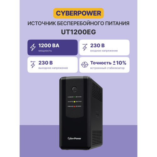 Источник бесперебойного питания/ UPS CyberPower UT1200EG Line-Interactive 1200VA/700W USB/RJ11/45/Dry Contact (4 EURO)