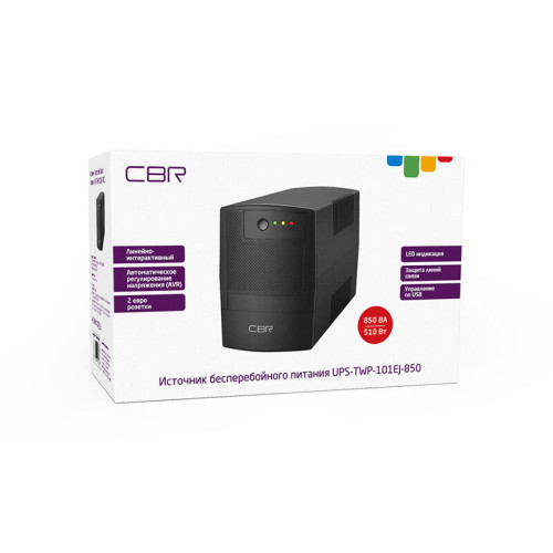 Башенный линейно-интерактивный ИБП/ ИБП CBR [UPS-TWP-101EJ-850] 850VA/510W, Schuko CEE 7 x2 outlets, LED, USB Type-B, RJ11/45 AVR, SEC, 12V/8Ah