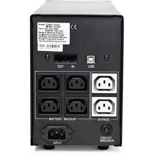 ИБП Powercom IMD-1025AP, LCD, линейно-интерактивный, 1025 ВA, 619 Вт, 4 розетки IEC320 C13 с резервным питанием,  2 розетки IEC320 C13 с фильтрацией, USB, защита RJ45/RJ11, ШхГхВ 130х382х192мм, 13.4 кг/ UPS Powercom IMD-1025AP, LCD, Line Interactive, 1025