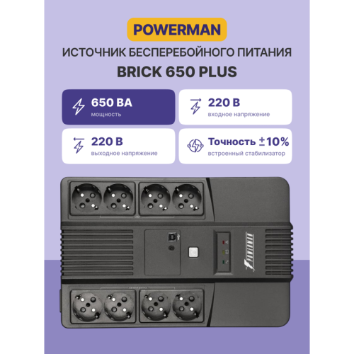 ИБП POWERMAN Brick 650 PLUS, линейно-интерактивный, 650ВА, 360Вт, 4 евророзетки с резервным питанием, 4 евророзетки с фильтрацией, USB, защита RJ45/RJ11, батарея 12В 7Ач 1 шт., 293мм х 202мм х 93мм, 4.5 кг./ UPS POWERMAN Brick 650 PLUS, line-interactive, 