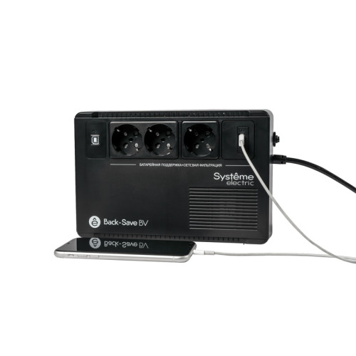 ИБП Systeme Electric Back-Save BV 400 ВА, автоматическая регулировка напряжения, 3 розетки Schuko, 230 В, 1 USB Type-A