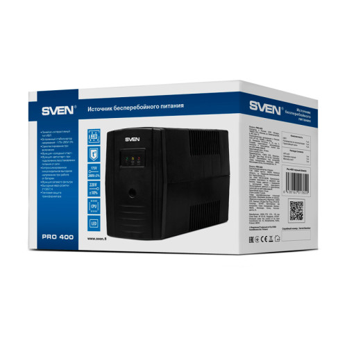 ИБП SVEN Pro 400, линейно-интерактивный, автоматический стабилизатор напряжения, 240Вт, 400Ва, 2 евророзетки, черный, габариты 100х295х145мм, 3,6кг./ UPS SVEN Pro 400, linear-interactive, automatic voltage regulator, 240W, 400Va, 2 eurosockets, black, dim