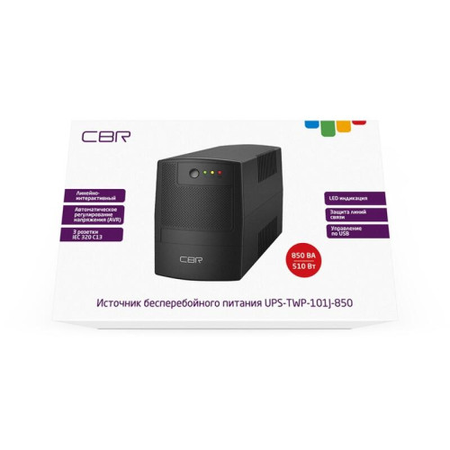 Башенный линейно-интерактивный ИБП/ ИБП CBR [UPS-TWP-101J-850] 850VA/510W, Schuko CEE 7 x2 outlets, LED, AVR, SEC, 12V/8Ah