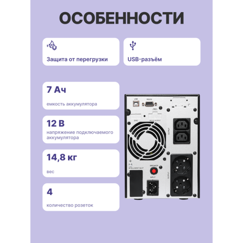 Источник бесперебойного питания/ UPS Сайбер Электро ЭКСПЕРТ-II-2000 Онлайн, Напольное исполнение 2000ВА/1800Вт. USB/RS-232/SNMPslot  (2 EURO + 2 IEC С13) (12В /7Ач. х 4)