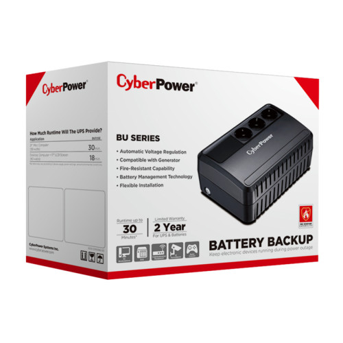 ИБП CyberPower BU725E, Line-Interactive, 725VA/390W, 3 Schuko розетки, Black, 0.15х0.15х0.2м., 5кг./ UPS Line-Interactive CyberPower BU725E 725VA/390W (3 EURO)