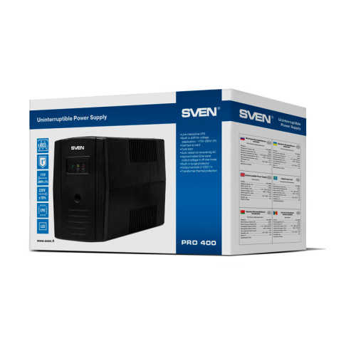 ИБП SVEN Pro 400, линейно-интерактивный, автоматический стабилизатор напряжения, 240Вт, 400Ва, 2 евророзетки, черный, габариты 100х295х145мм, 3,6кг./ UPS SVEN Pro 400, linear-interactive, automatic voltage regulator, 240W, 400Va, 2 eurosockets, black, dim