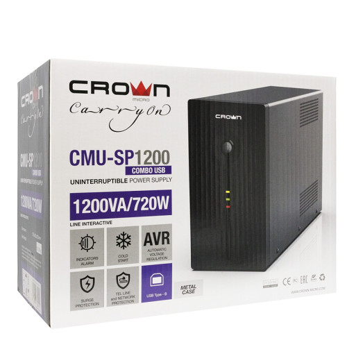 ИБП CROWN 1200VA/720W, металл, 2x12V/9AH, розетки 4*IEC + 2*EURO+1*IEC bybass, трансформатор AVR 140-290V, съёмный кабель 1.8м, фильтр телефонной и ethernet линии RJ11/45, USB-порт/ UPS CROWN 1200VA/720W, metal, 2x12V/9AH, 4*IEC + 2*EURO sockets +1*IEC by