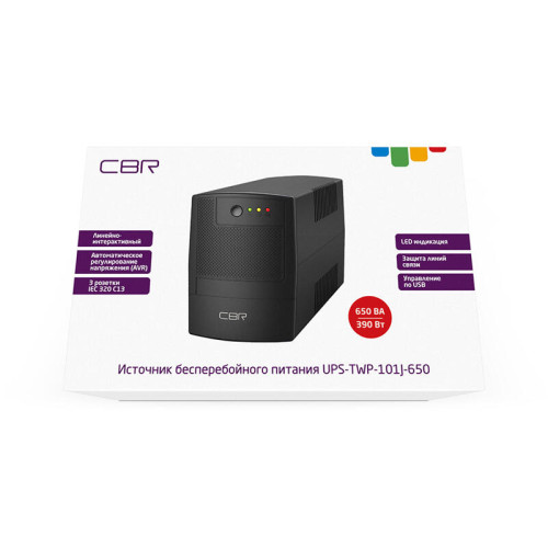 Башенный линейно-интерактивный ИБП/ ИБП CBR [UPS-TWP-101J-650] 650VA/390W, Schuko CEE 7 x2 outlets, LED, AVR, SEC, 12V/7Ah