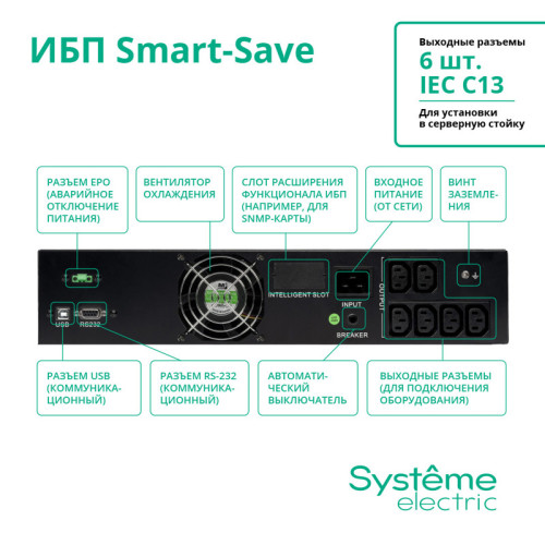 ИБП Systeme Electric Smart-Save SMT 2000 ВА, монтаж в стойку 2U, 230 В, 6 розеток IEC C13, SmartSlot, AVR, LCD, USB HID ИБП Systeme Electric Smart-Save SMT 2000 ВА, монтаж в стойку 2U, 230 В, 6 розеток IEC C13, SmartSlot, AVR, LCD, USB HID