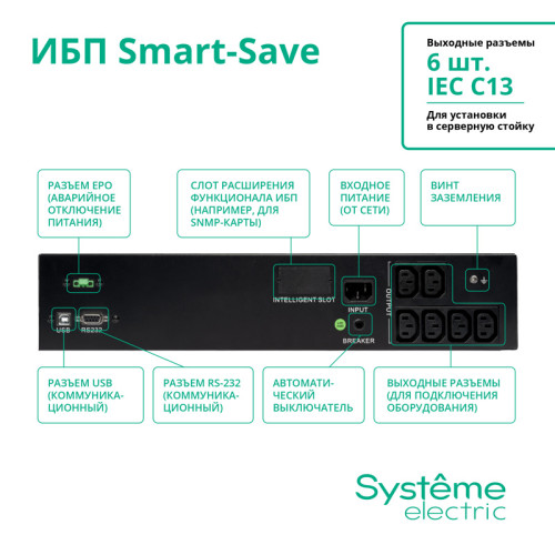 ИБП Systeme Electric Smart-Save SMT 1000 ВА, монтаж в стойку 2U, 230 В, 6 розеток  IEC C13, SmartSlot, AVR, LCD, USB HID
