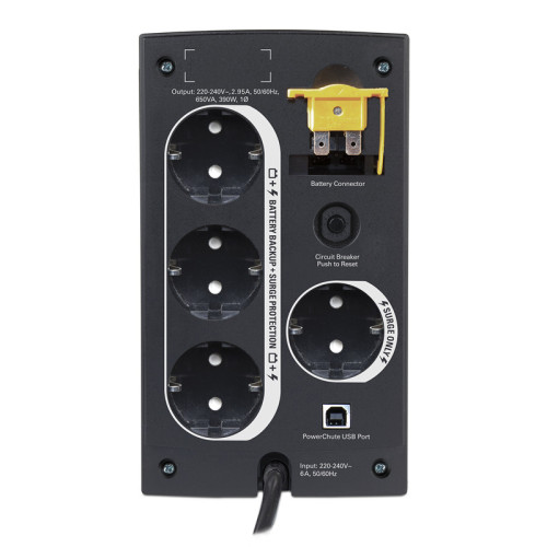 Источник бесперебойного питания/ Back-UPS RS 650VA Line Interactive, Automatic Volt Regulation, Internet/DSL/Fax/Modem line surge protection, USB connectivity, (3) Schuko CEE 7 (Battery Backup), (1) Schuko CEE 7 (selector_surgetitle)