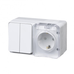 Выключатель/ AtlasDesign Profi54 О/У БЛОК: розетка с заземлением со шторками 16А 250B, выключатель двухклавишный IP54 10А, белый, Россия