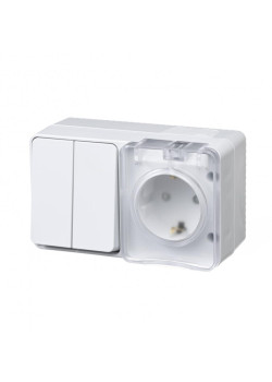 Выключатель/ AtlasDesign Profi54 О/У БЛОК: розетка с заземлением со шторками 16А 250B, выключатель двухклавишный IP54 10А, белый, Россия