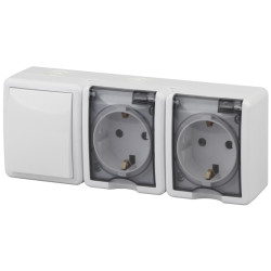 Блок две розетки/ Блок две розетки+выключатель IP54, 16A(10AX)-250В, ОУ, Эра Эксперт, белый, 11-7403-01