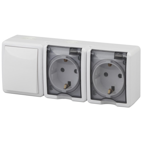 Блок две розетки/ Блок две розетки+выключатель IP54, 16A(10AX)-250В, ОУ, Эра Эксперт, белый, 11-7403-01