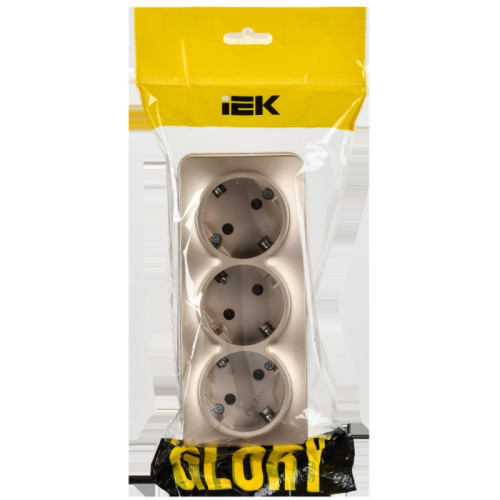 Розетка/ GLORY розетка 3-местная для открытой установки с заземлением без защитных шторок 16А РС23-3-ХШм шампань матовый IEK Розетка/ GLORY розетка 3-местная для открытой установки с заземлением без защитных шторок 16А РС23-3-ХШм шампань матовый IEK