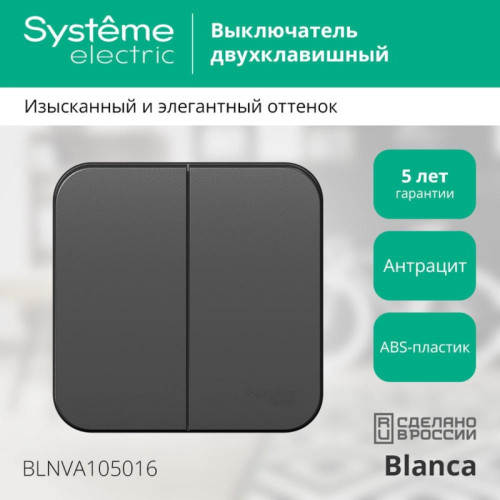 Выключатель/ Выключатель BLANCA двухклавишный наружный (схема 5) с изоляционной пластиной 10A 250B антрацит