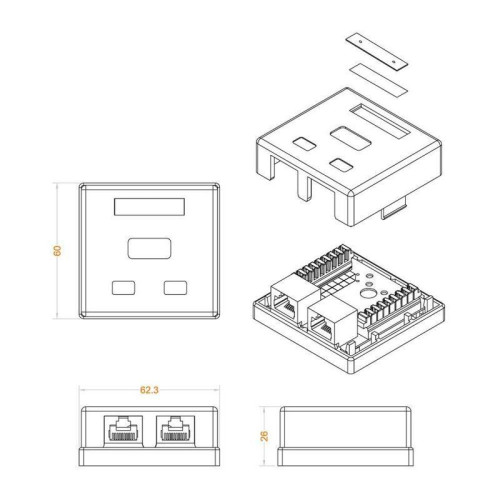 Аксессуары Hyperline Hyperline SB1-2-8P8C-C5e-WH Розетка компьютерная RJ-45 (8P8C), категория 5e, двойная, внешняя, Dual RJ-45 (8P8C), категория 5e, двойная, внешняя, Dual IDC (090102)